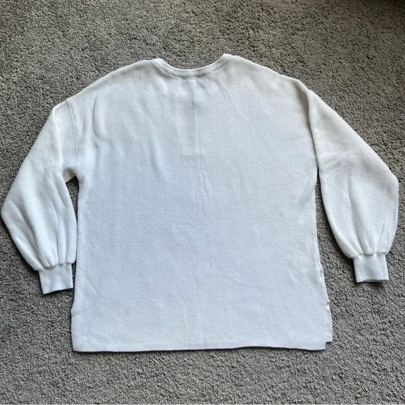 Loft White Ribbed Split Neck Balloon Sleeve Pullover Sweater Size M - Picture 2 of 6